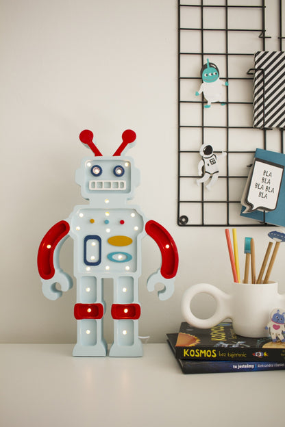 Little Lights Robot Lamp - Handmade wooden robot night light for kids room - light blue