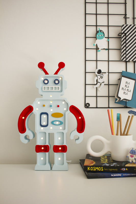 Little Lights Robot Lamp - Handmade wooden robot night light for kids room - light blue