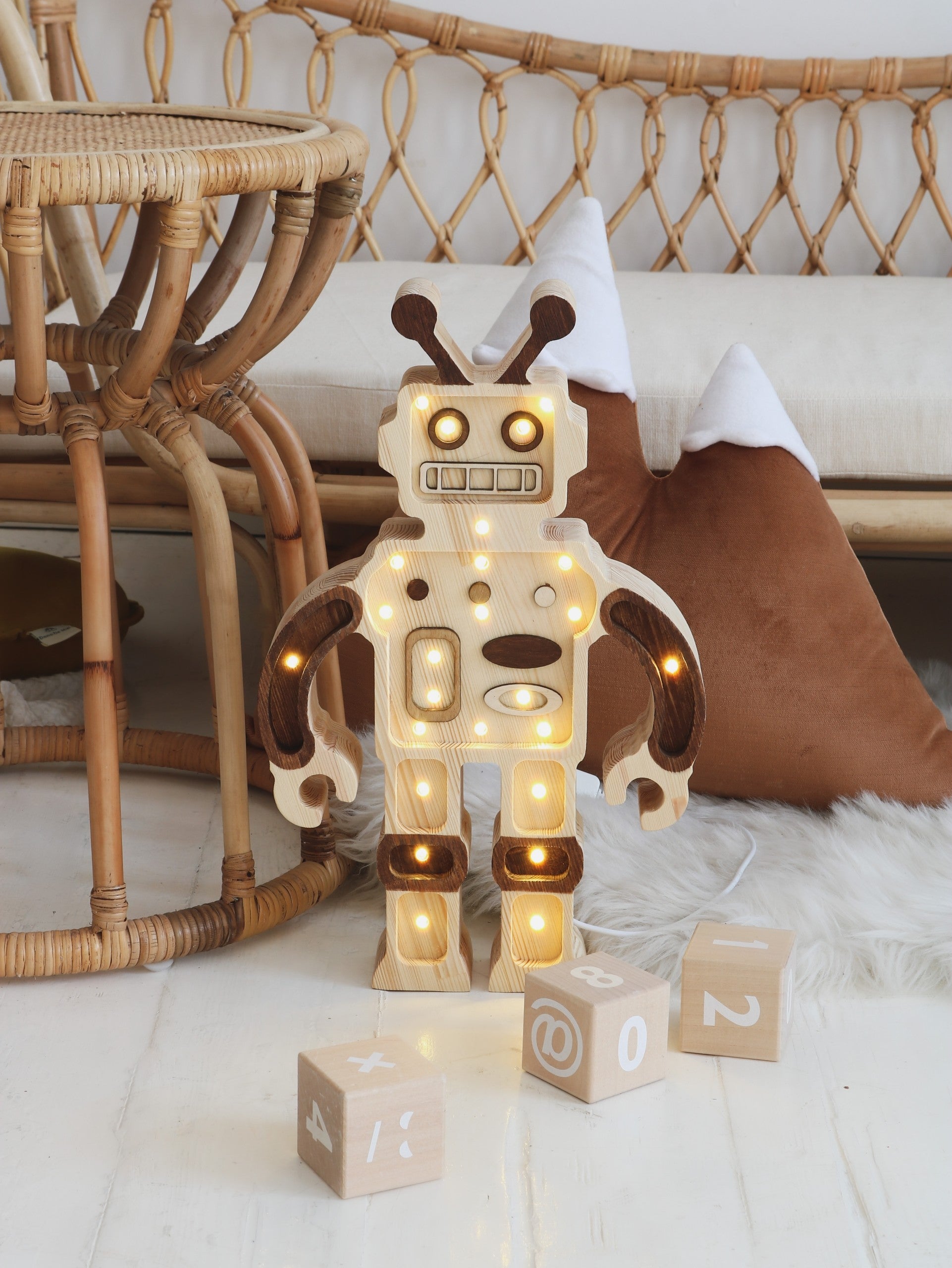 Little Lights Robot Lamp - Handmade wooden robot night light for kids room with toys