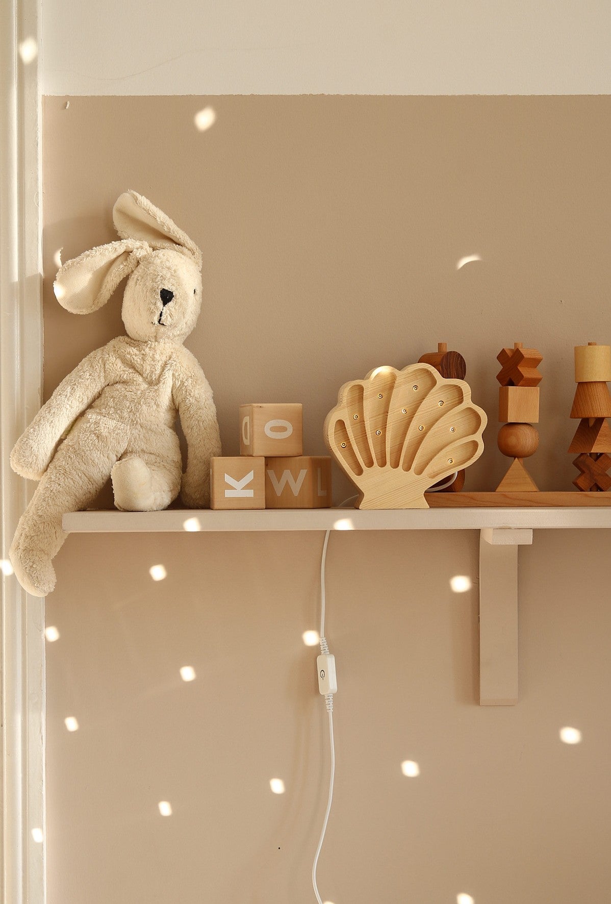 Little Lights Seashell Lamp - Wooden seashell night light for ocean theme nursery on the shelf with toys
