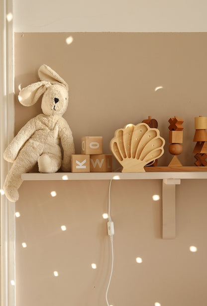Little Lights Seashell Lamp - Wooden seashell night light for ocean theme nursery on the shelf with toys