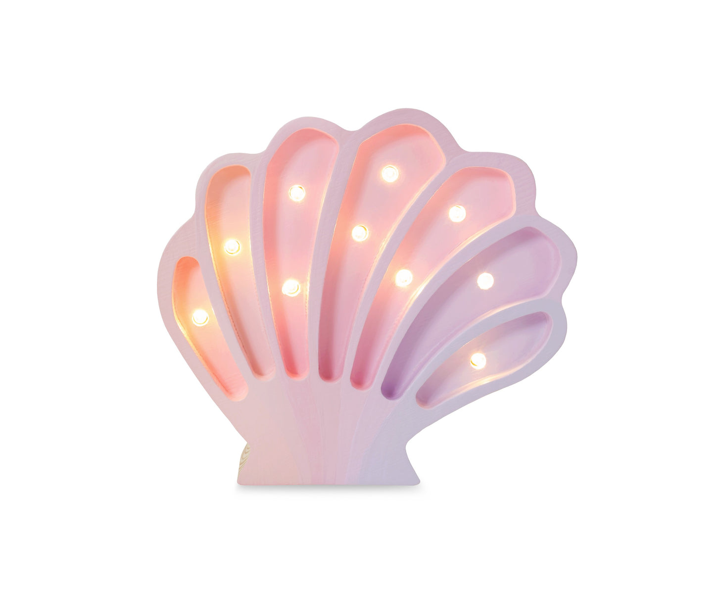 front view of Little Lights Seashell Lamp - Wooden seashell night light for ocean theme nursery - pink