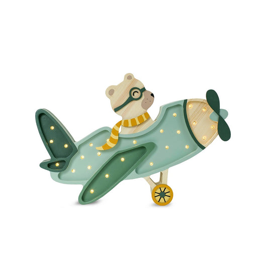 Vintage green wooden airplane night light for aviation nursery decor