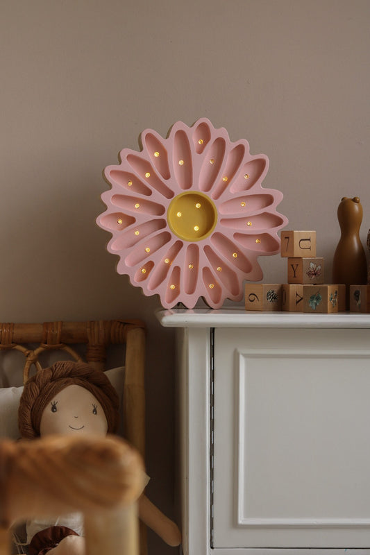 Handmade solid pine wood pink  flower lamp with warm LED glow