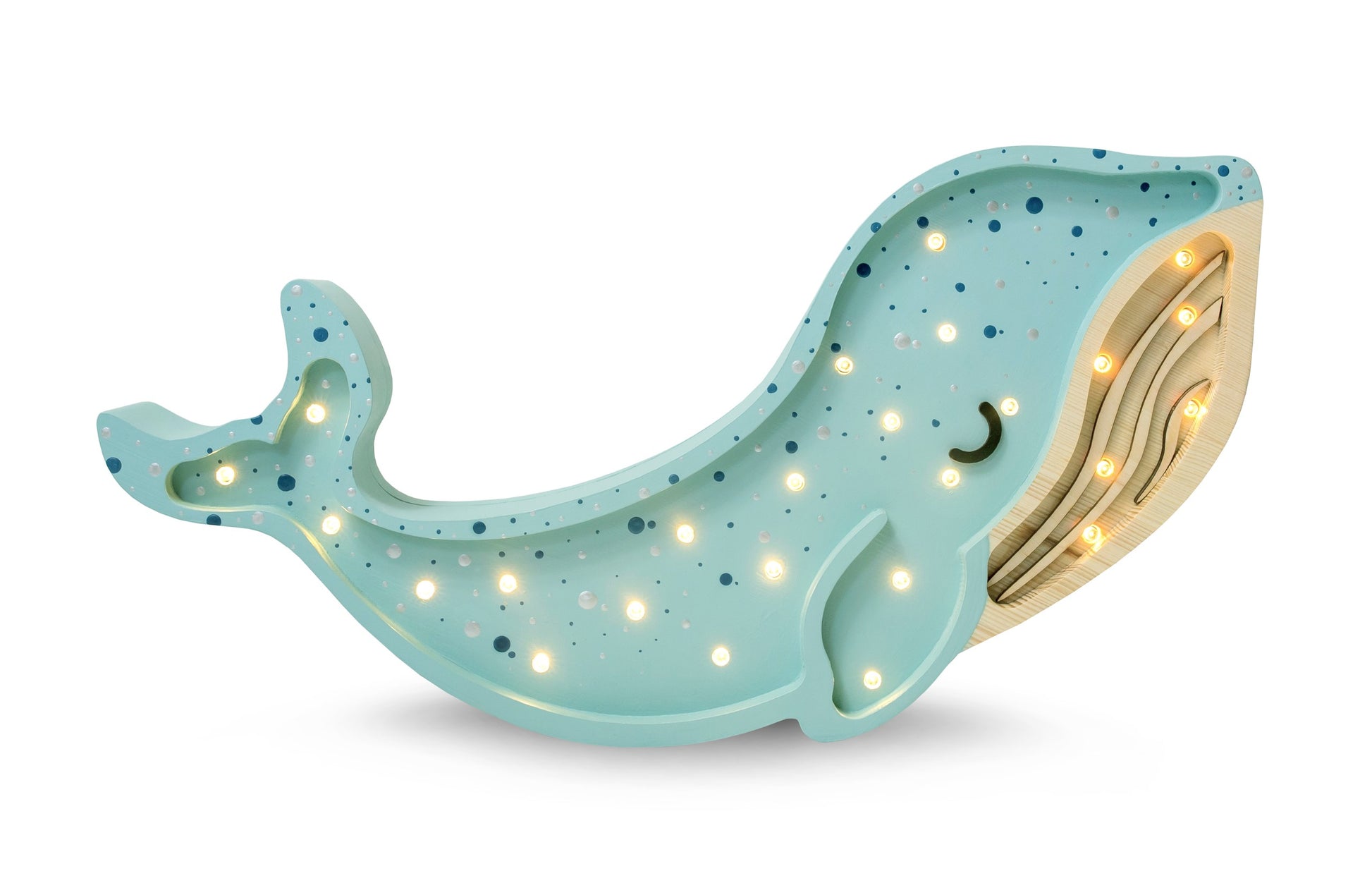 Handmade light blue solid pine wood whale lamp with warm LED glow