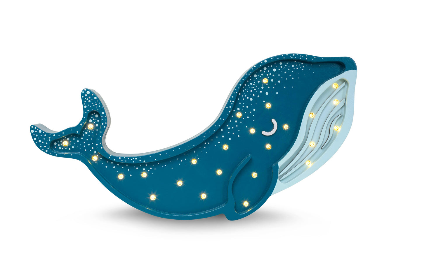 Handmade dark blue solid pine wood whale lamp with warm LED glow