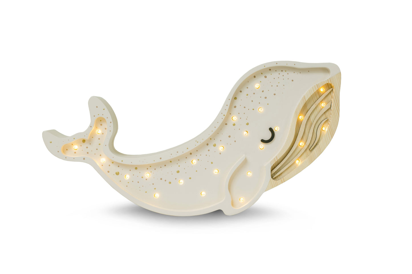 Handmade white solid pine wood whale lamp with warm LED glow