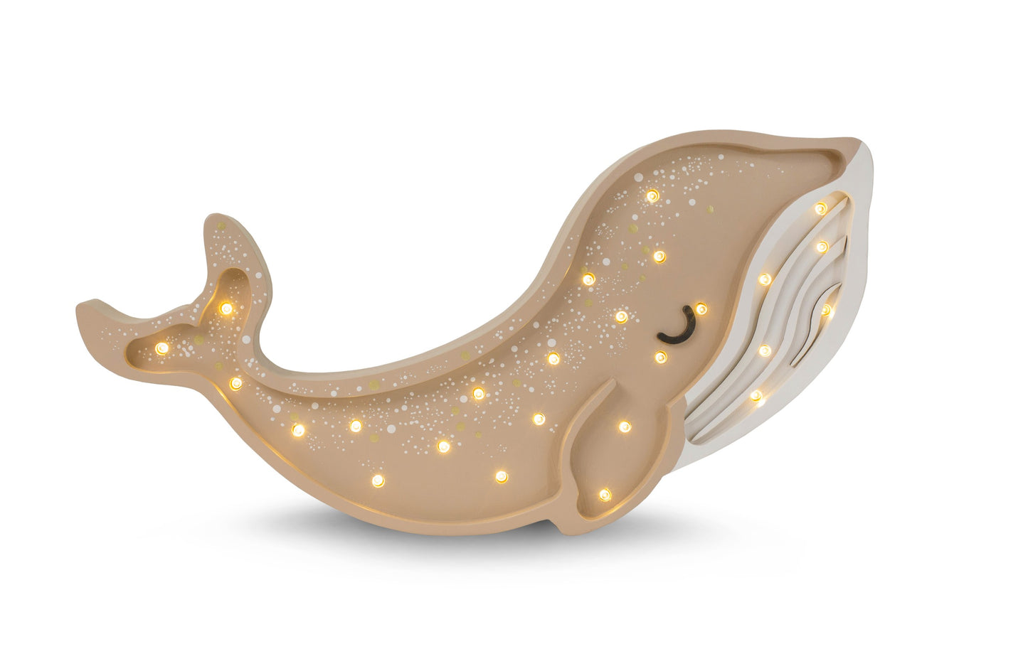 Handmade brown solid pine wood whale lamp with warm LED glow