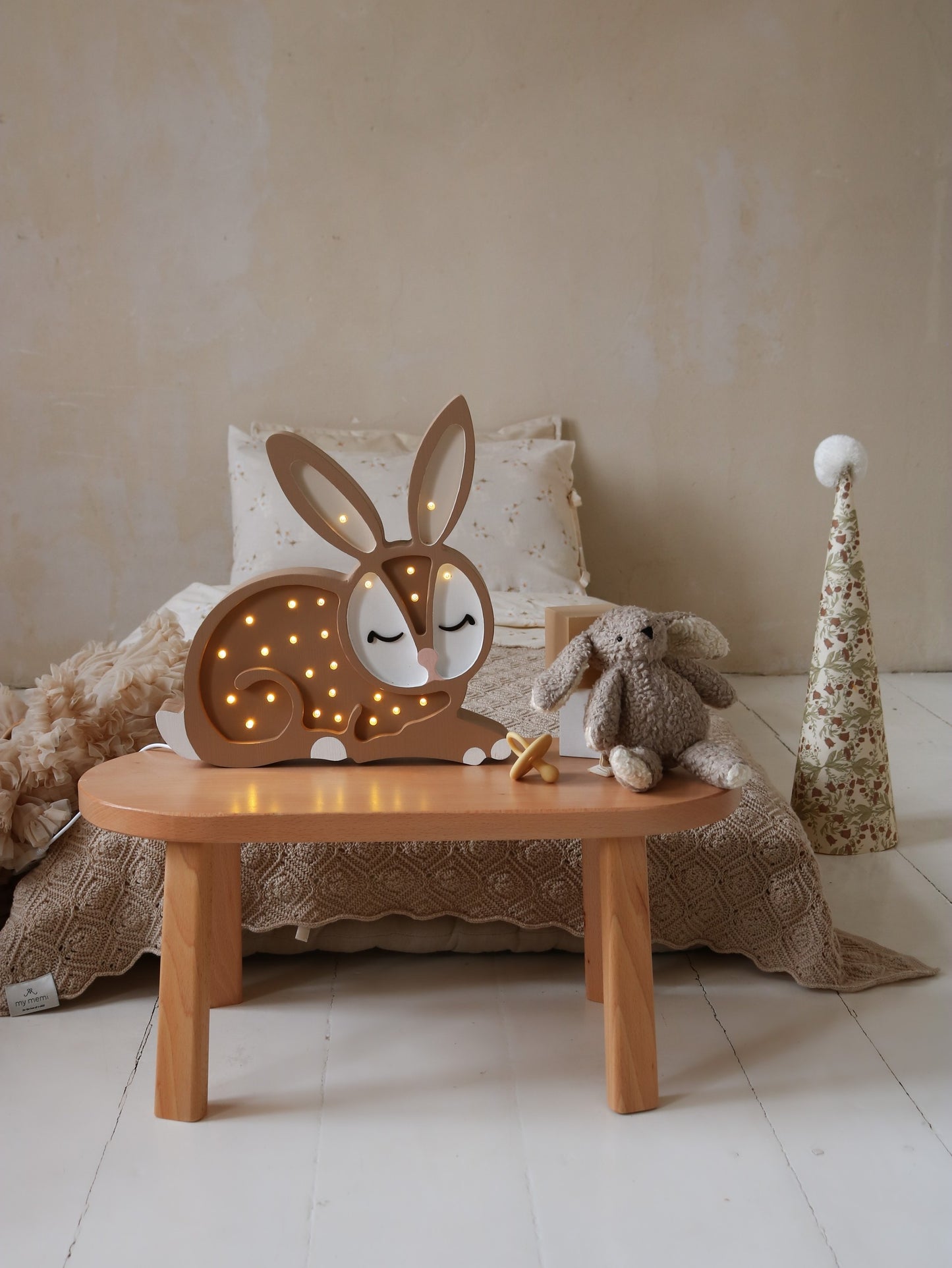 Handmade solid pine wood bunny lamp with warm LED glow - brown