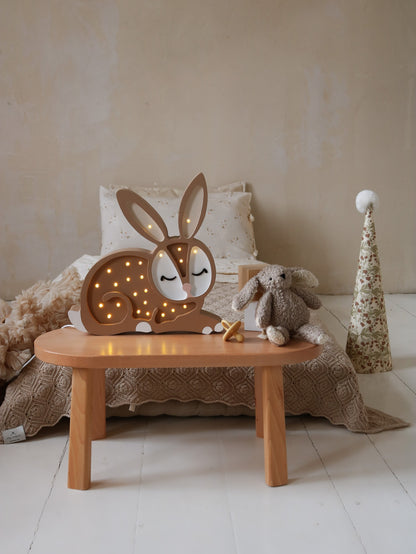 Handmade solid pine wood bunny lamp with warm LED glow - brown