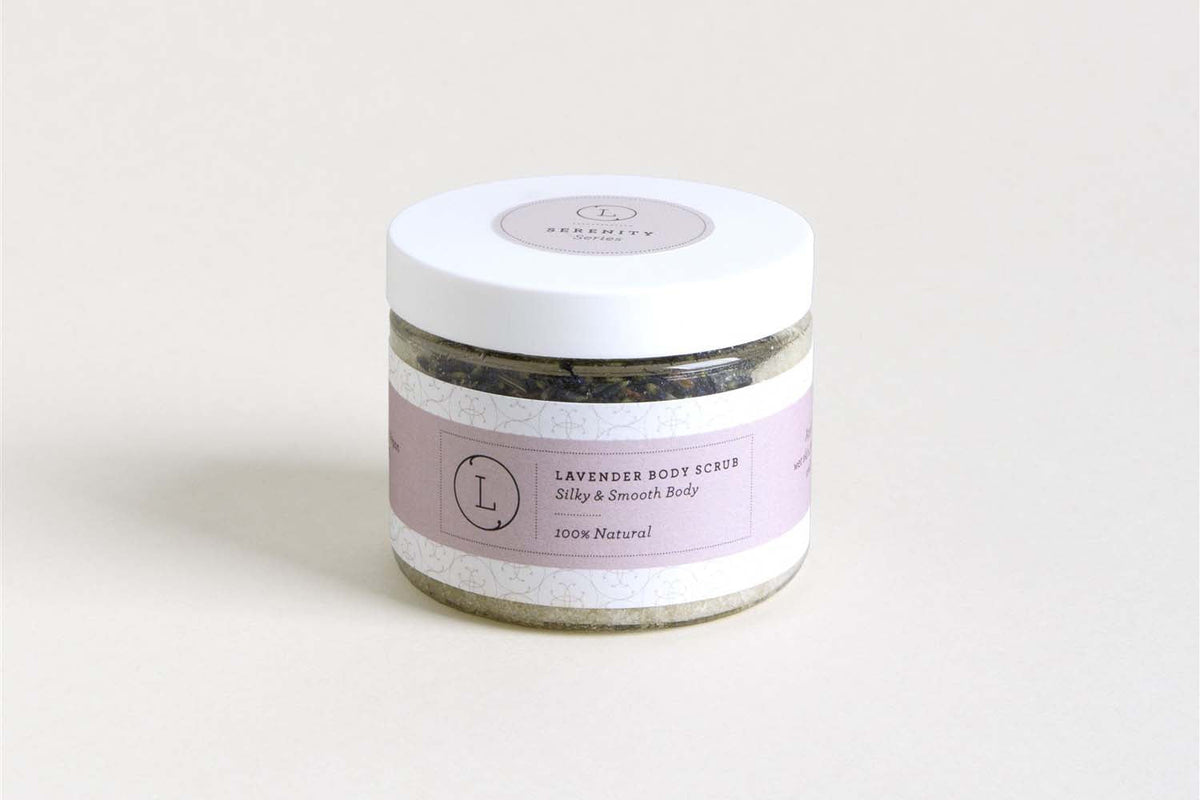 Lavender Body Scrub - Natural exfoliating sea salt scrub jar | Lizush on a clean background