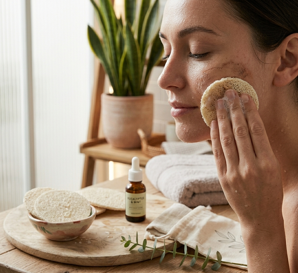 BeNat Natural loofah pad being used with soap lather during shower routine