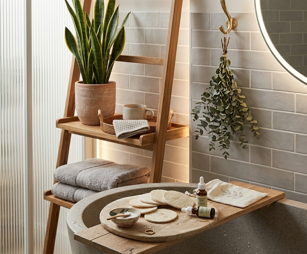 Zero-waste plastic-free loofah sponges displayed on wooden bathroom vanity