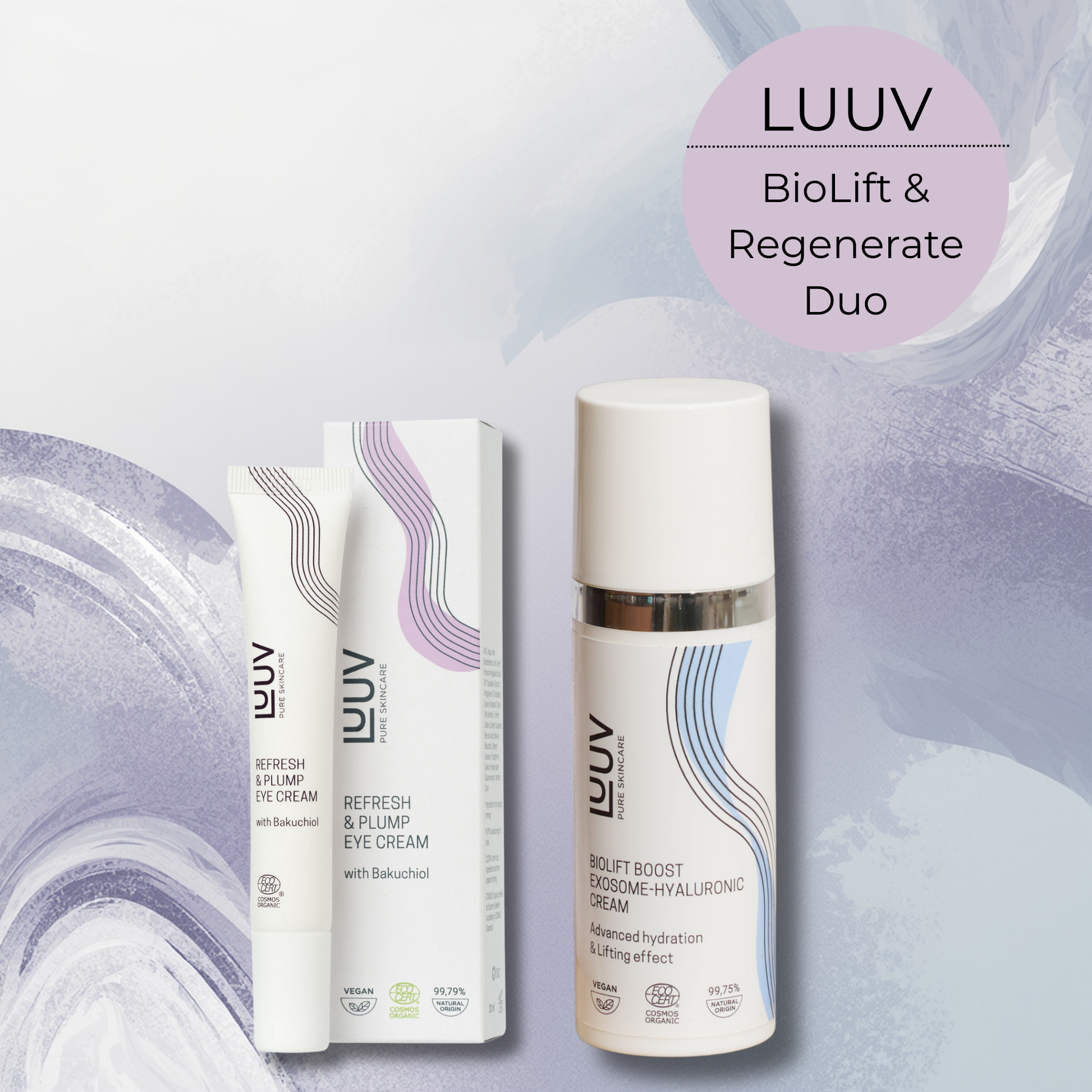 LUUV BioLift & Regenerate Duo set with BioLift Exosome-Hyaluronic Serum and Refresh & Plump Eye Cream, organic certified skincare in premium packaging.