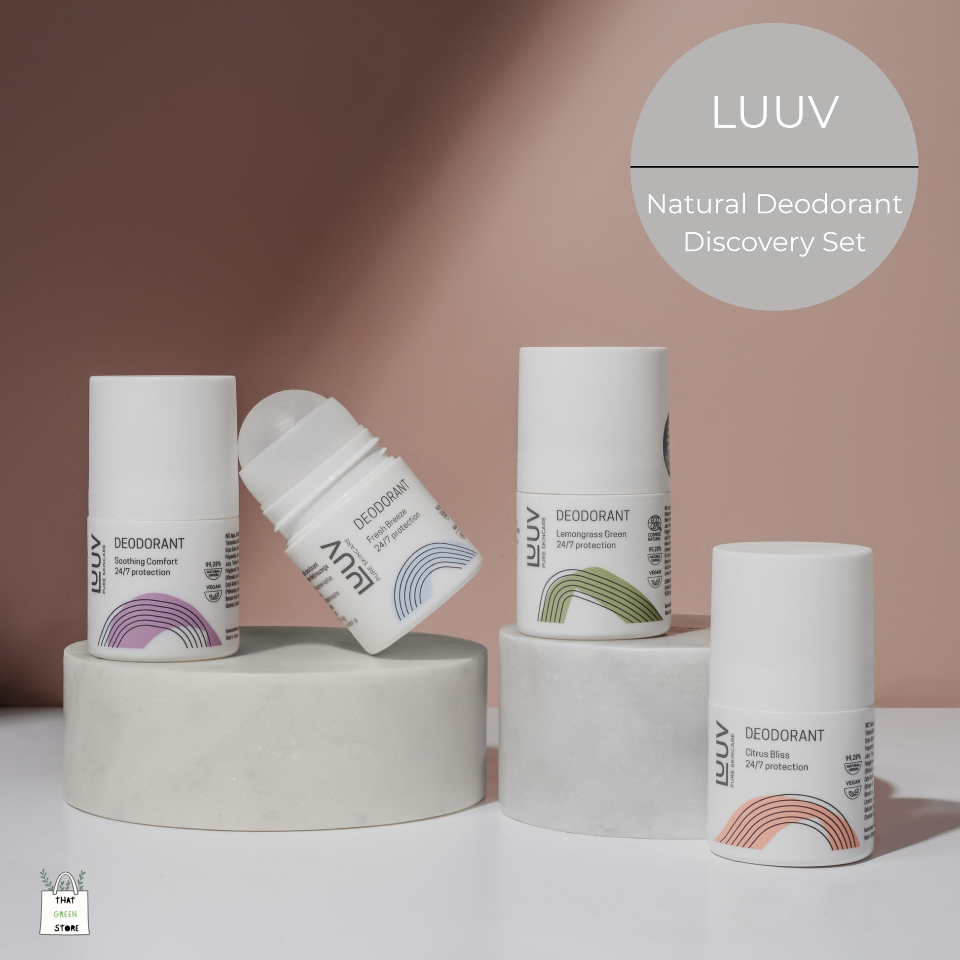 LUUV Complete Discovery Set featuring four organic deodorants — Citrus, Fresh, Soothing, and Lemongrass — arranged side by side.