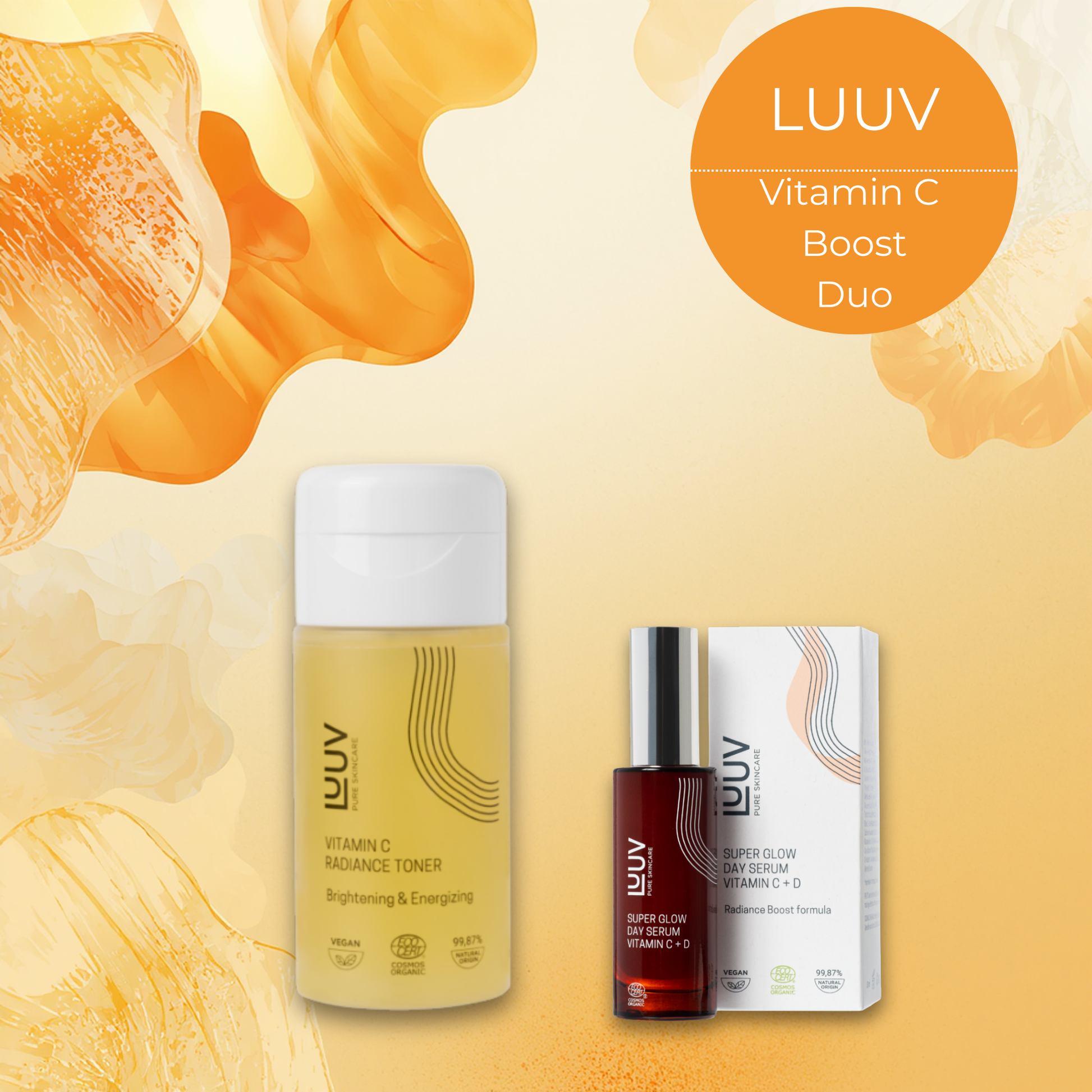 LUUV Vitamin C Boost bundle: The Ultimate Radiance & Protection Duo featuring Vitamin C Radiance Toner (120ml) and Super Glow Day Serum (30ml).