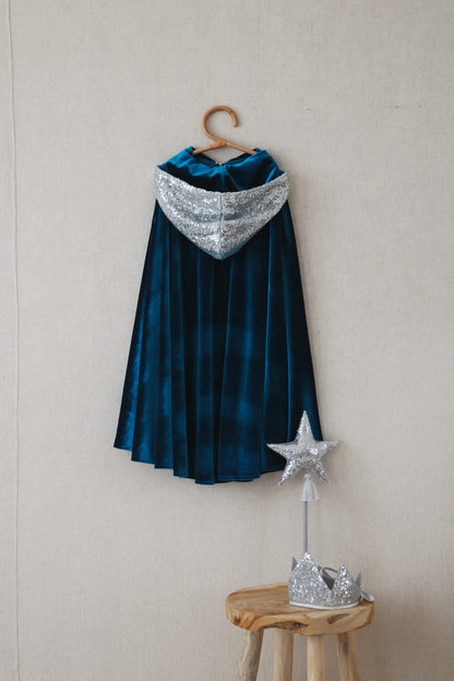 Back View of Handmade in Poland: Silver Snow Queen magic cape with integrated hand holes