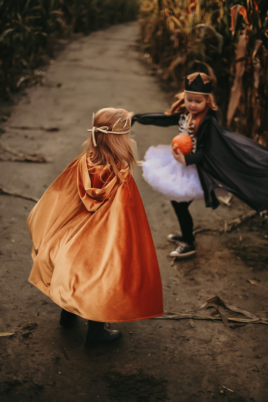 Back View of Moi Mili Golden Riding Hood Magic Cape - Shimmering gold velour costume with deep hood