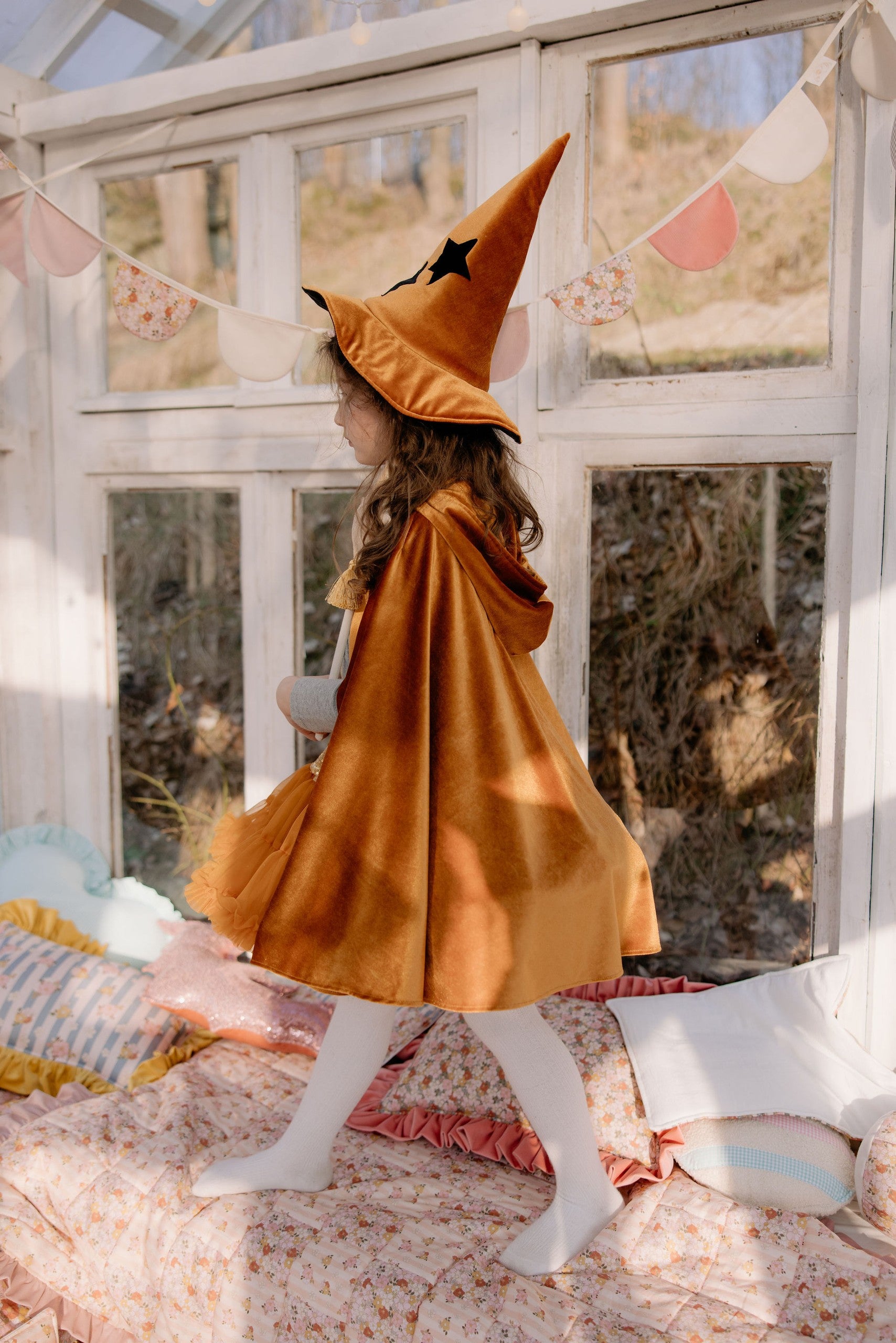 Side View of Moi Mili Golden Riding Hood Magic Cape - Shimmering gold velour costume with deep hood