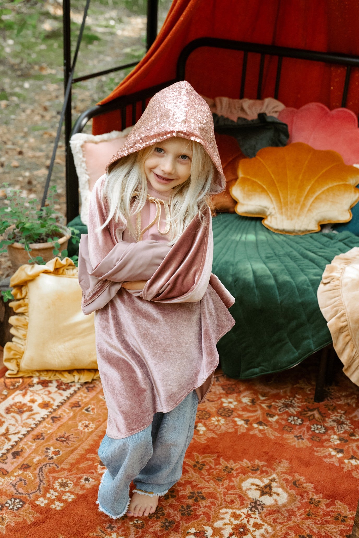 Front View Moi Mili Pink Riding Hood Magic Cape - Soft pastel pink velour costume with hood