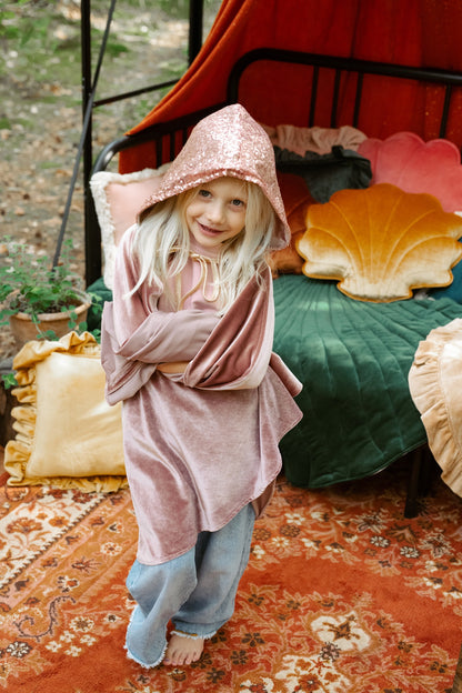 Front View Moi Mili Pink Riding Hood Magic Cape - Soft pastel pink velour costume with hood