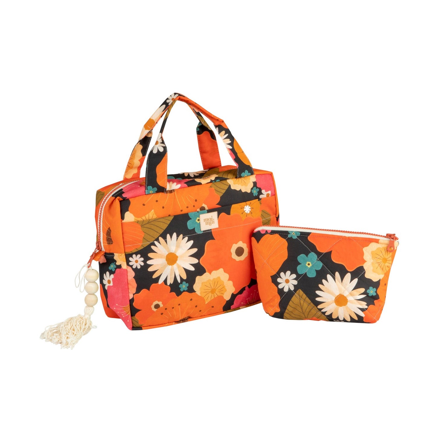 Moi Mili Make-Up Bag Set of 2 Red Flowers - Red floral cotton duo