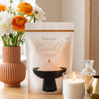 Bright and uplifting living room atmosphere with a Mango Lime pearled sand candle burning cleanly on a wooden table