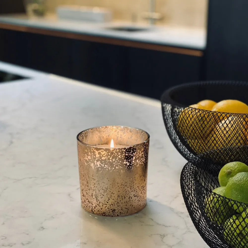  Lit Mango Lime pearled sand candle in a Modern Kitchen interior