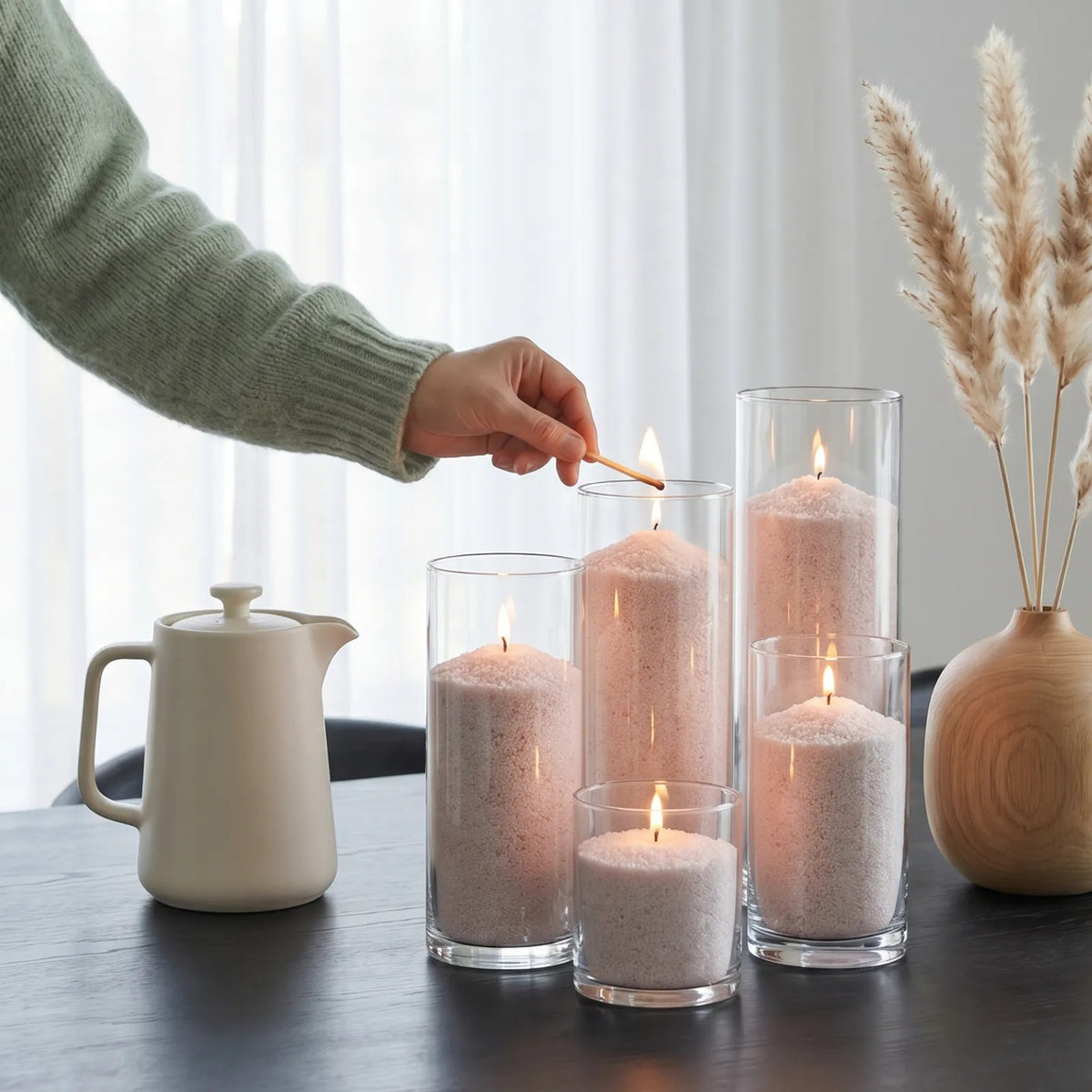 woman's hand lighting the cotton wick of a Mango Lime scented pearled sand candle