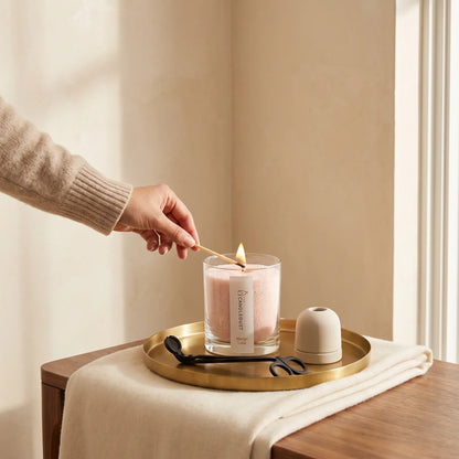 Woman's hand lighting the cotton wick of a Mango Lime scented pearled sand candle in glass