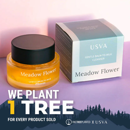 Handmade Finnish skincare: USVA Cosmetics Meadow Flower face cleanser packaging with a tree planted plan.