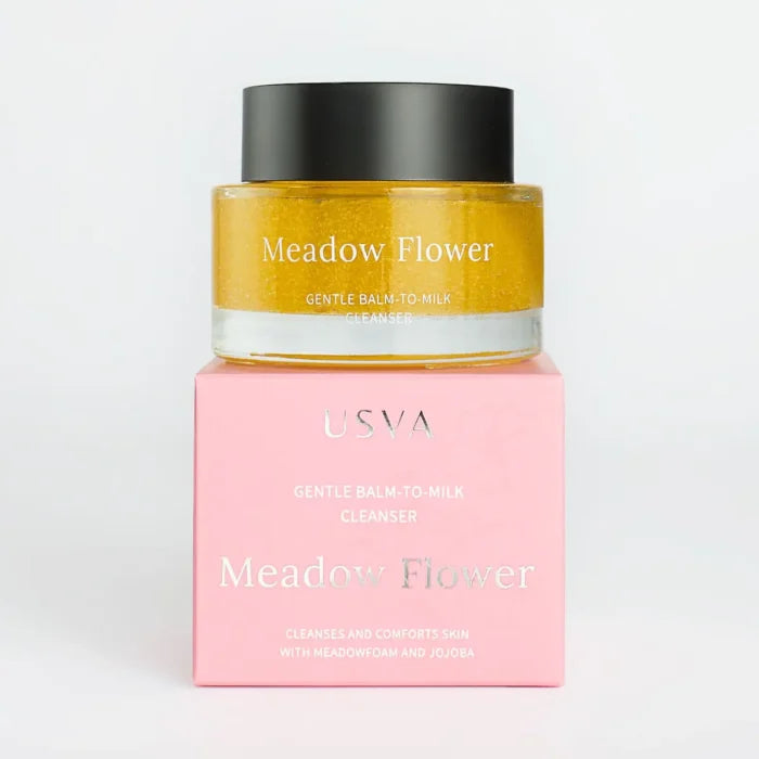 Meadow Flower Gentle Balm-to-Milk Cleanser, 50ml with packaging on a clear background