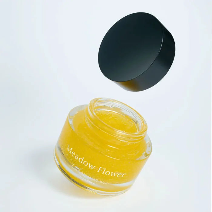 Meadow Flower Gentle Balm-to-Milk Cleanser, 50ml with opened lid on a white background