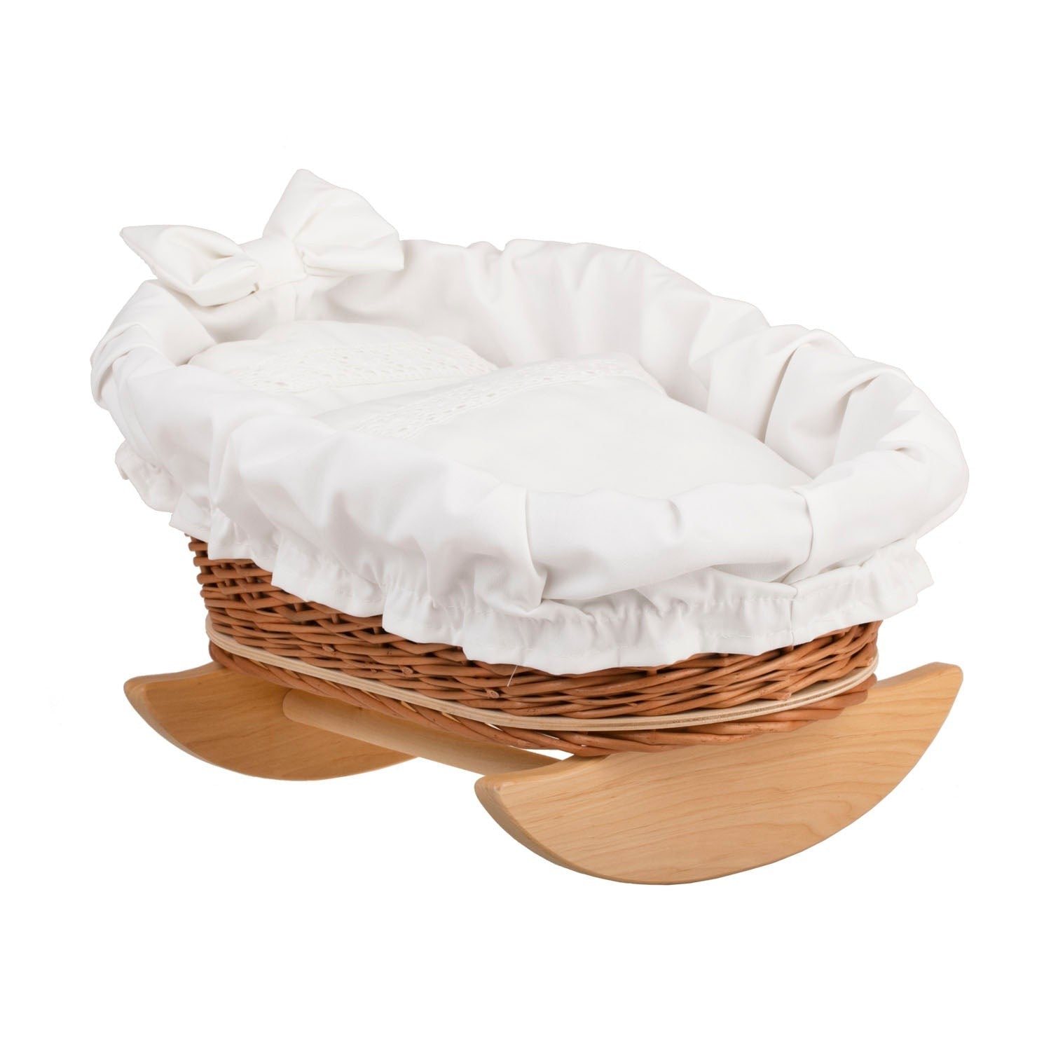 Sside view Mimi Wicker Cradle For Dolls With White Lining, Pillow And Duvet