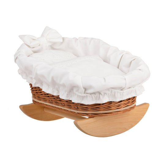 Sside view Mimi Wicker Cradle For Dolls With White Lining, Pillow And Duvet