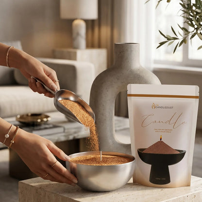 Woman filling decorative metal candle holders with Mocha Mousse natural pearled candle sand