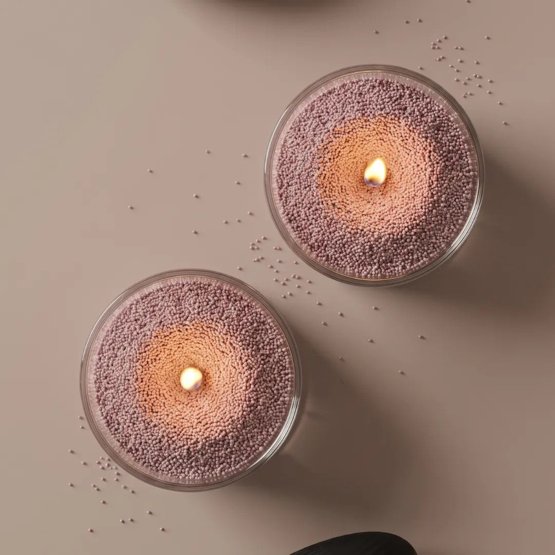 Top view of Lit Mocha Mousse pearled sand candles 