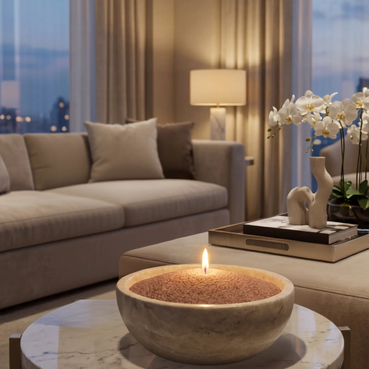 Cozy living room atmosphere with a Mocha Mousse pearled sand candle burning cleanly on a coffee table