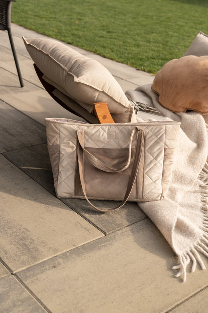 Moi Mili Beige Mom Weekender Bag - Extra large quilted cotton travel bag-Outside View