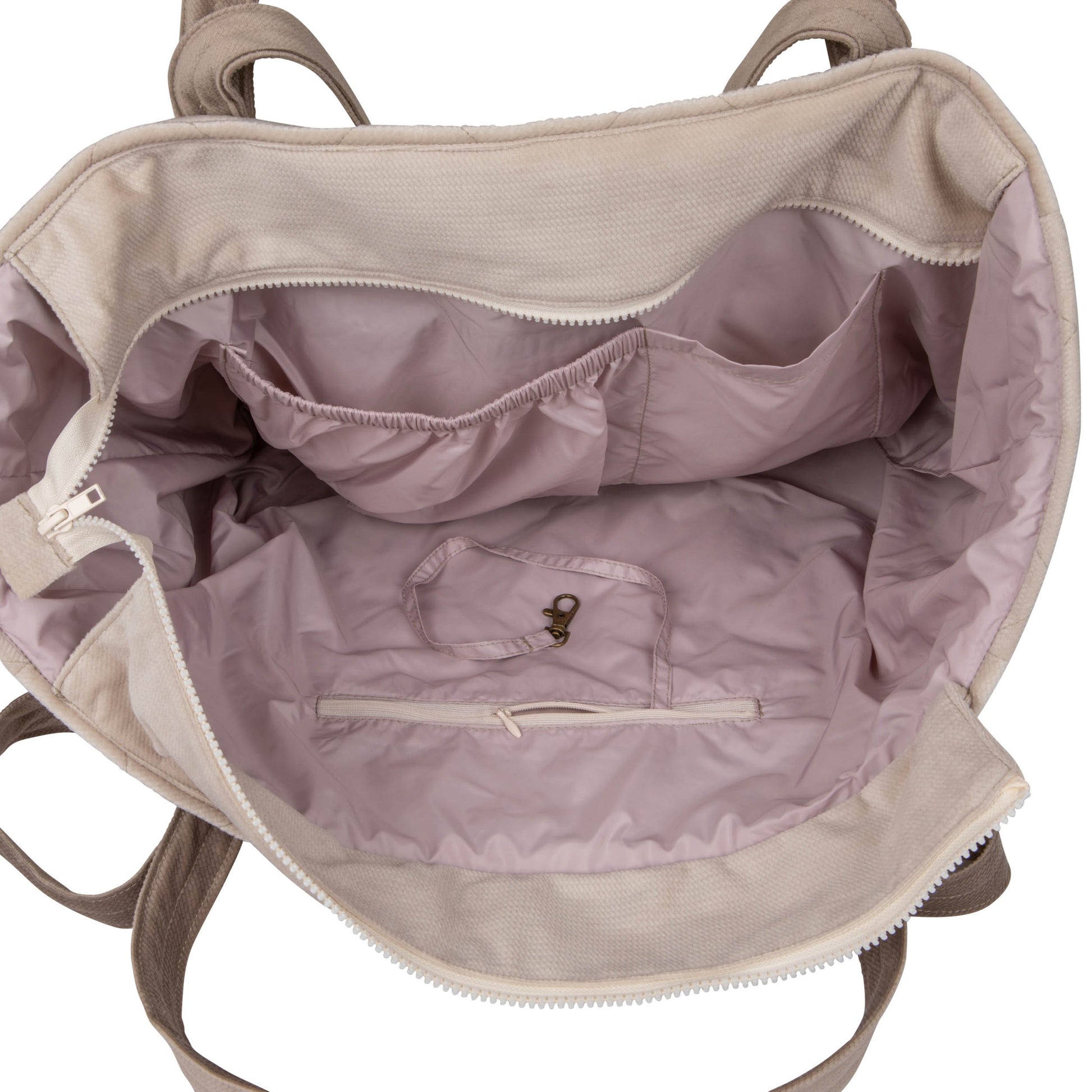 Durable beige cotton fabric with internal pockets and waterproof lining