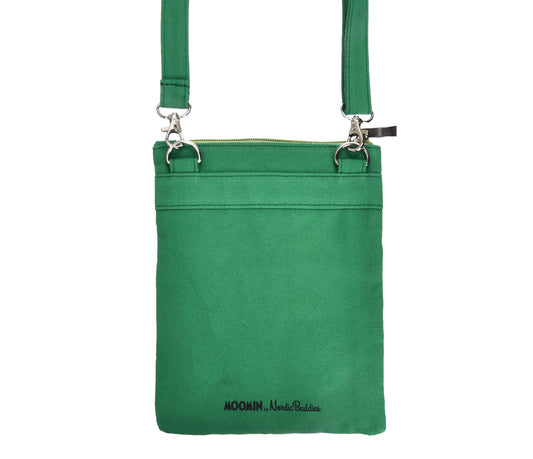 Back view of the green Moomintroll Adventuring Neck and Passport Bag on a clean background