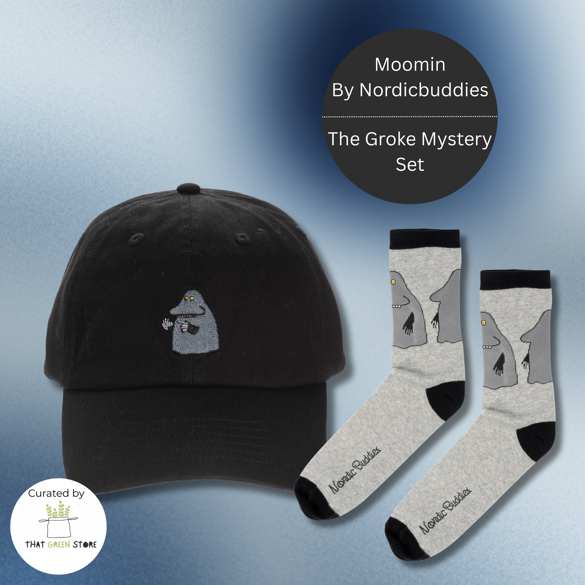 Moomin by Nordicbuddies Groke Bundle curated by That Green Store. Includes a black Groke beanie hat and matching grey character socks on a blue-toned background.