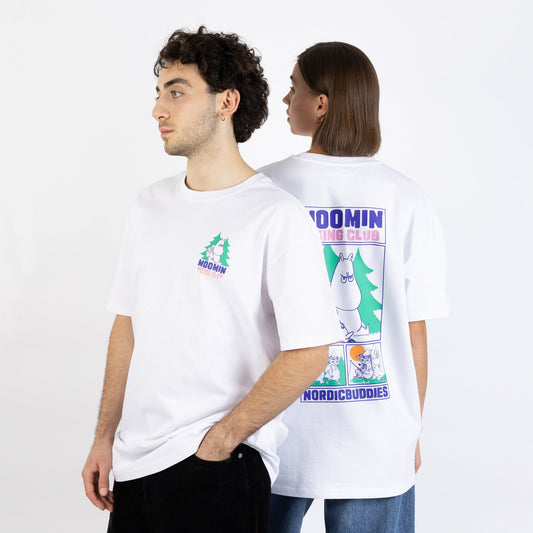 Male and Female models wearing the unisex Moomin Hiking Club T-Shirt - Relaxed fit cotton tee.