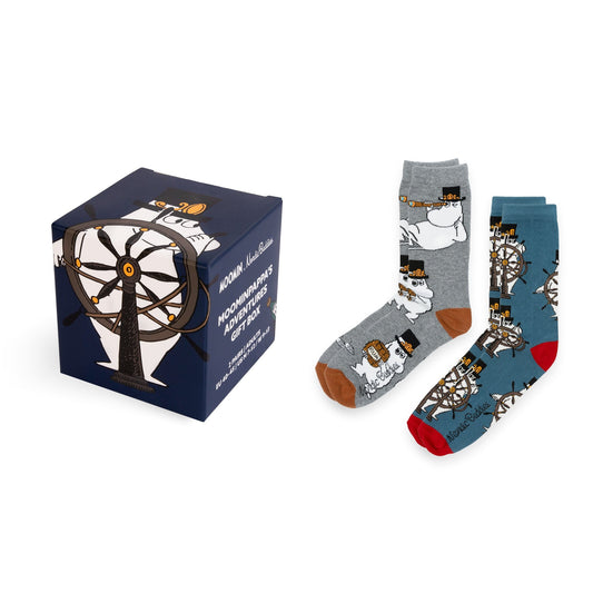 Box and Socks view of Moominpappa's Adventures men's sock gift box set by Nordicbuddies