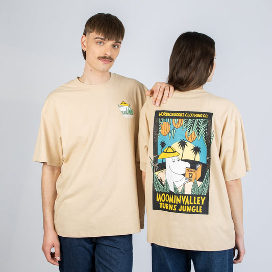 Male and Female models wearing the oversized Moomintroll Jungle Heavy T-Shirt Beige - Neutral Scandi style.