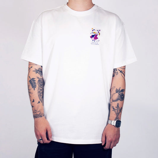 Front view of the Moomin Party Heavy Unisex T-Shirt White - Premium tee included in the official Moomin Duo Set wearing by male model
