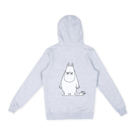 Official Moomintroll's Temper grey unisex hoodie back view with pullover hood