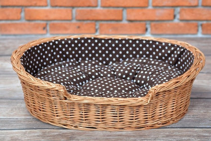 Esmira Natural Wicker Dog Bed With Polka Dot Cushion, 65x43 cm