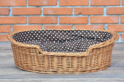 Esmira Natural Wicker Dog Bed With Polka Dot Cushion, 65x43 cm