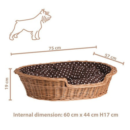 Esmira Natural Wicker Dog Bed With Polka Dot Cushion, 85x67 cm